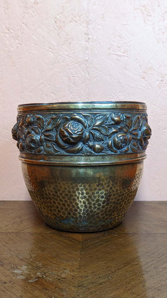 Vintage brass hammered pot with rose detail