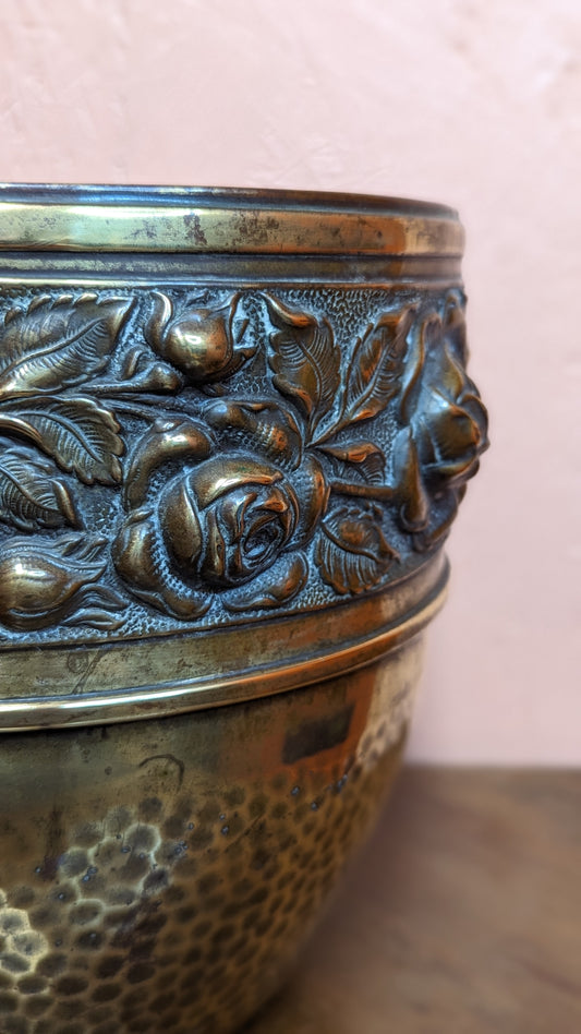 Vintage brass hammered pot with rose detail