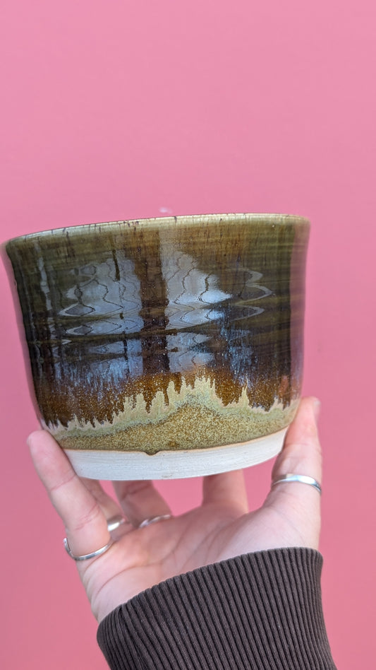 Pottery By Tina: olive drip glaze pot