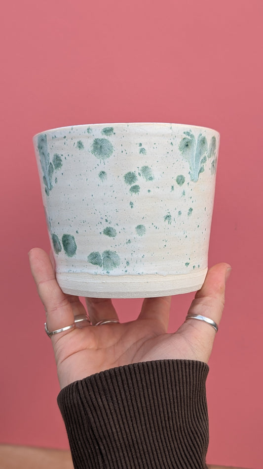 Pottery By Tina: green/white splodge pot